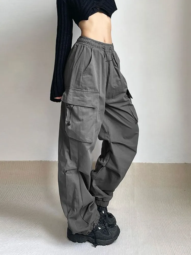 HOUZHOU Harajuku Oversized Cargo Parachute Pants Women Streetwear Vintage Y2k Hip Hop Wide Leg Joggers Baggy Sweatpants Techwear