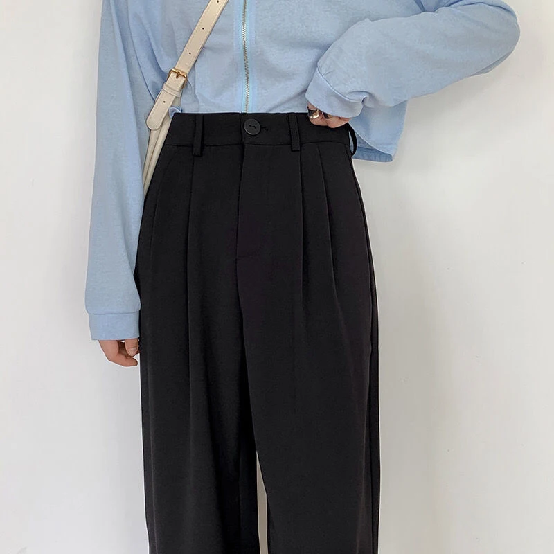 High Waist Women Suit Pants Fall Straight Office Ladies Korean Fashion Trousers Casual Button Loose Female Black Pants New