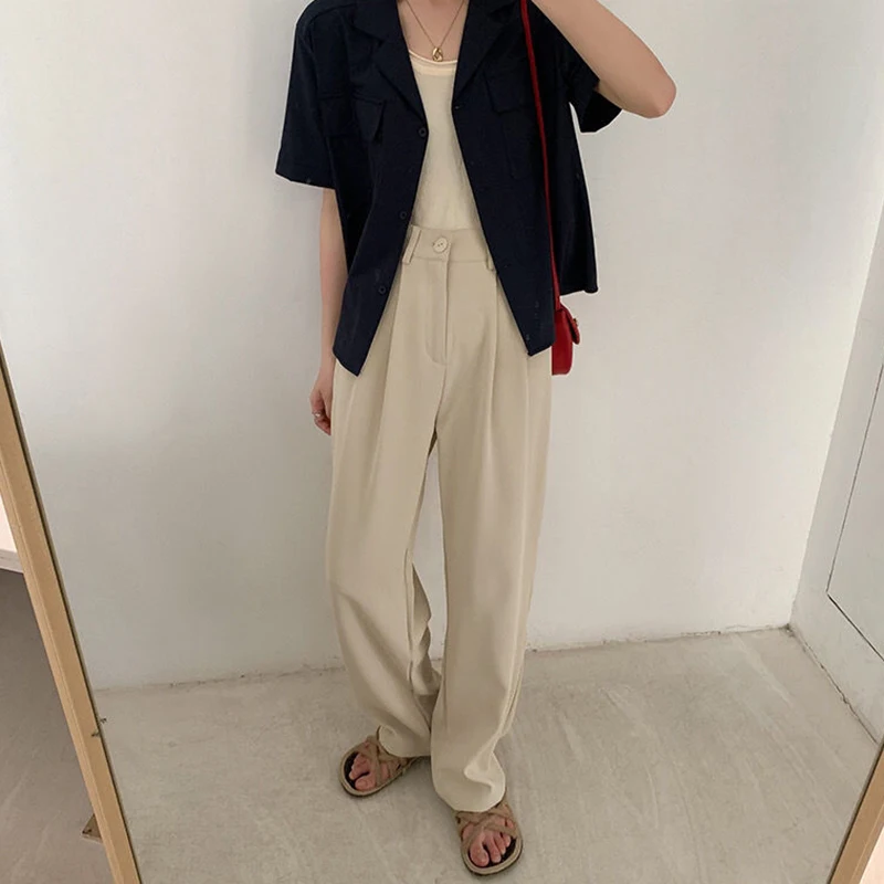 High Waist Women Suit Pants Fall Straight Office Ladies Korean Fashion Trousers Casual Button Loose Female Black Pants New