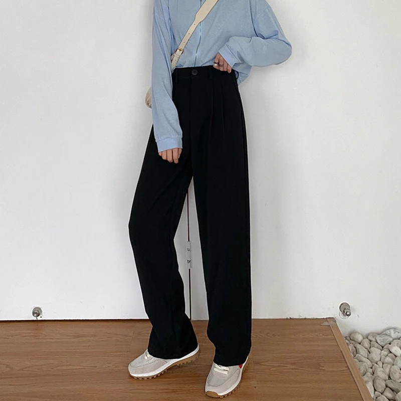 High Waist Women Suit Pants Fall Straight Office Ladies Korean Fashion Trousers Casual Button Loose Female Black Pants New
