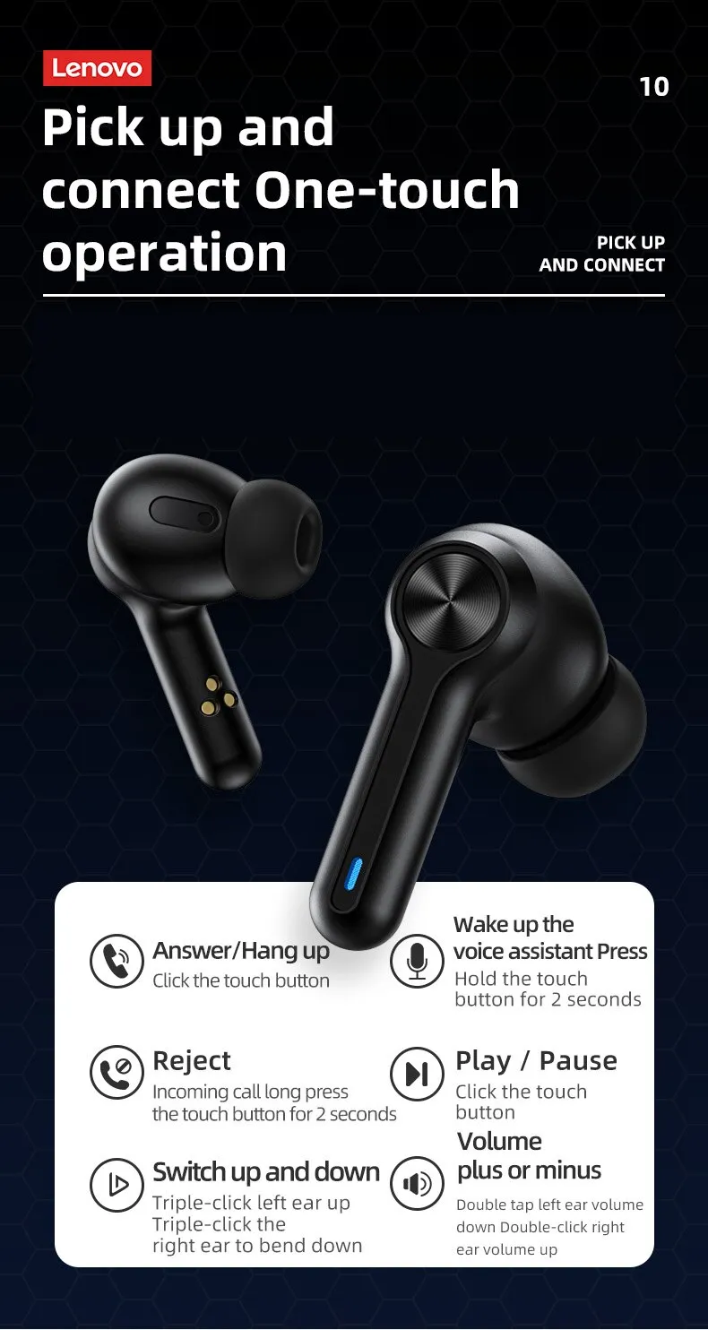 Lenovo LP3 Pro Earphones TWS Bluetooth 5.0 Wireless HIFI Music Headset Display 1200mAh Battery Headphones Gaming Earbuds