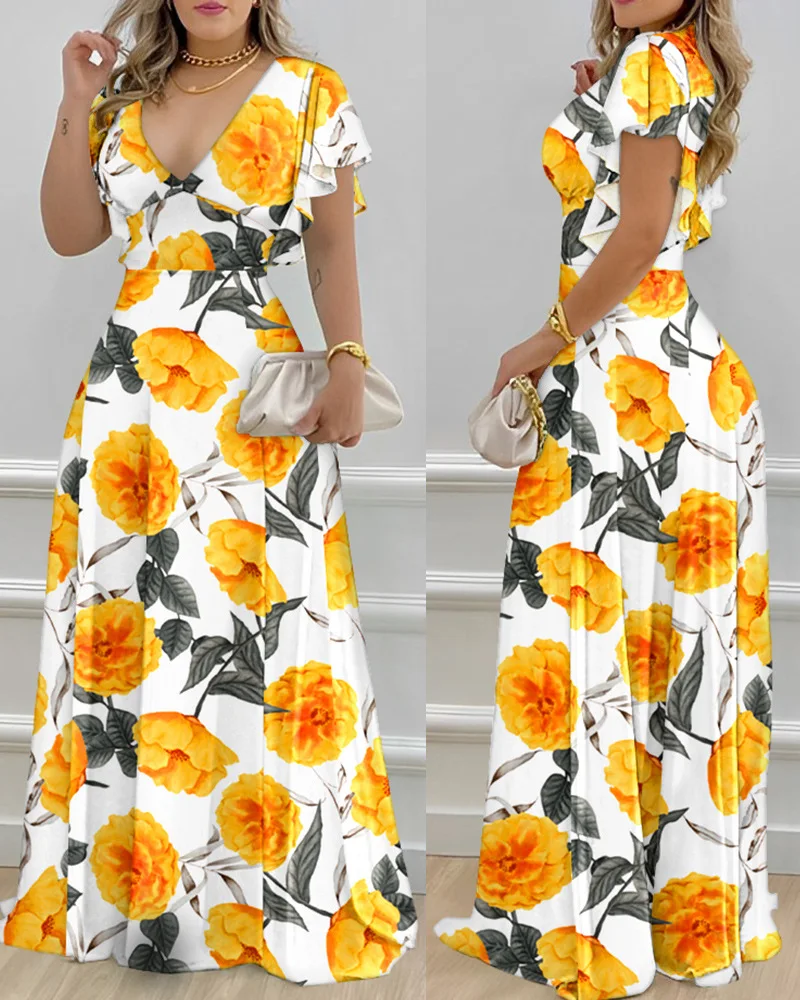Tropical Print V-Neck Bell Sleeve Maxi Dress Women Floral Flower High Waist Sexy Fashion Long Loose Dress Floor Length