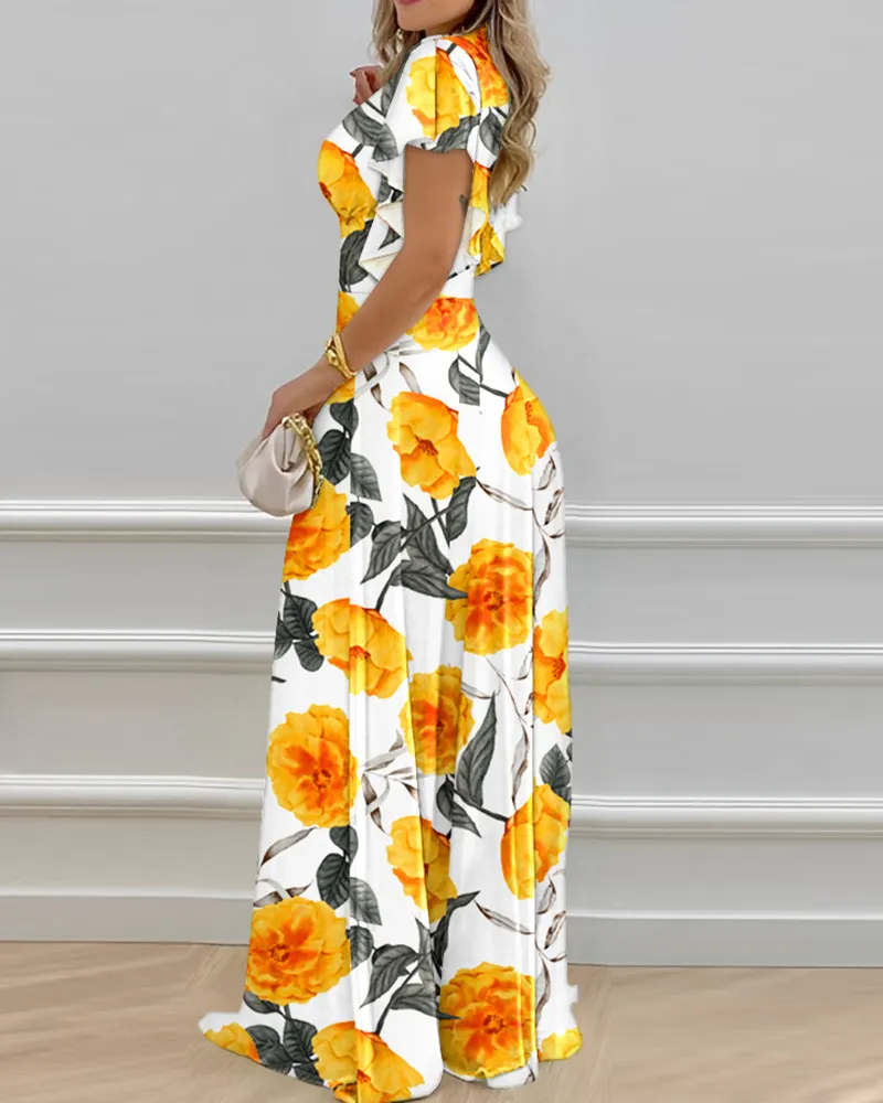 Tropical Print V-Neck Bell Sleeve Maxi Dress Women Floral Flower High Waist Sexy Fashion Long Loose Dress Floor Length