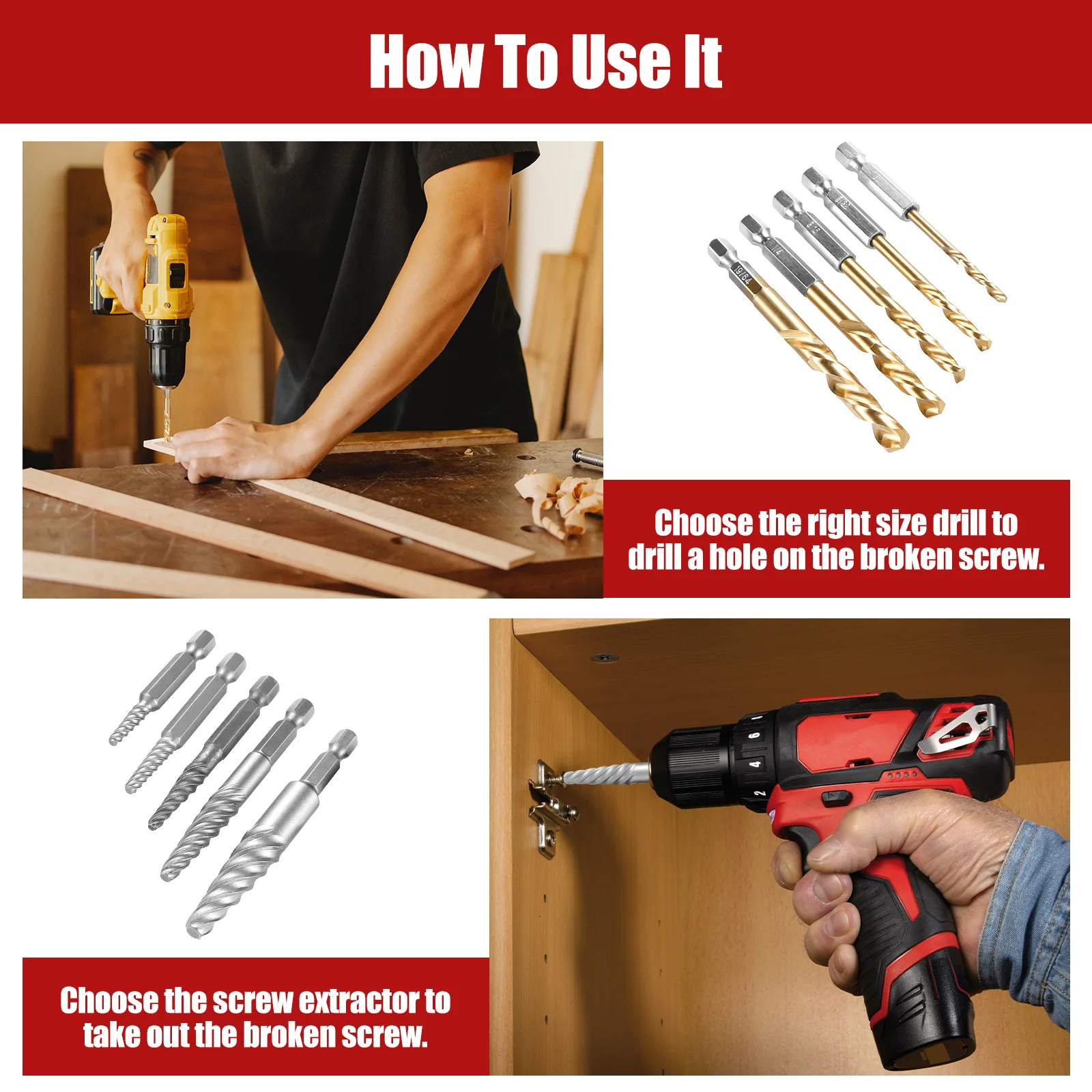 11Pcs Damaged Screw Extractor Set Screw Remover Extractor Drill Bits Carbon Steel Guide Easy Out for Broken Rusted Screws