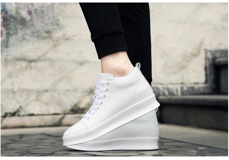 Mid Cut Casual Sneakers Men Elevator Shoes 6cm 8cm Leather White Skate Board Shoes For Man Height Increase Taller Lifting Shoe