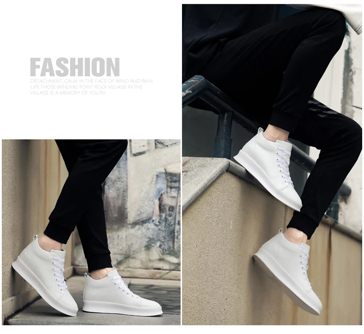 Mid Cut Casual Sneakers Men Elevator Shoes 6cm 8cm Leather White Skate Board Shoes For Man Height Increase Taller Lifting Shoe