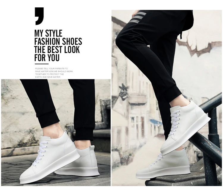 Mid Cut Casual Sneakers Men Elevator Shoes 6cm 8cm Leather White Skate Board Shoes For Man Height Increase Taller Lifting Shoe