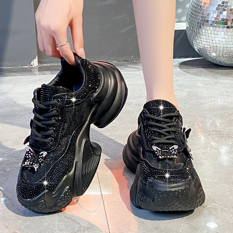 New 2024 Women Platform Shoes Crystal Thick-soled Black Silver Bling Shoes Lady Shining Crystal Sneakers Trend Casual Sneakers