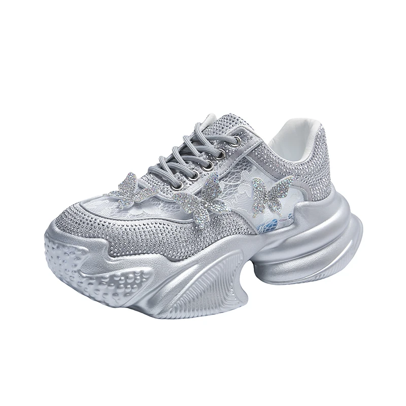 New 2024 Women Platform Shoes Crystal Thick-soled Black Silver Bling Shoes Lady Shining Crystal Sneakers Trend Casual Sneakers