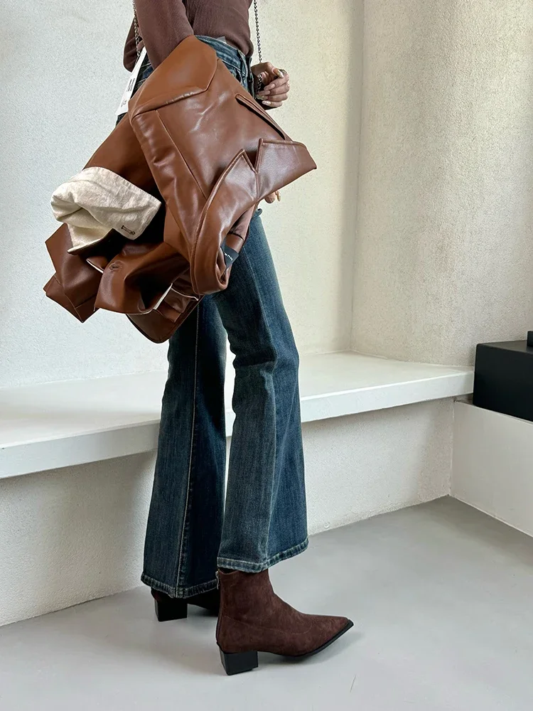 Women Leopard Ankle Boots Pointed Toe Suede Mid Heels Shoes Woman 2024 Trend Chunky Chelsea Boots Pumps New Snow Mujer Botas