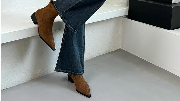 Women Leopard Ankle Boots Pointed Toe Suede Mid Heels Shoes Woman 2024 Trend Chunky Chelsea Boots Pumps New Snow Mujer Botas