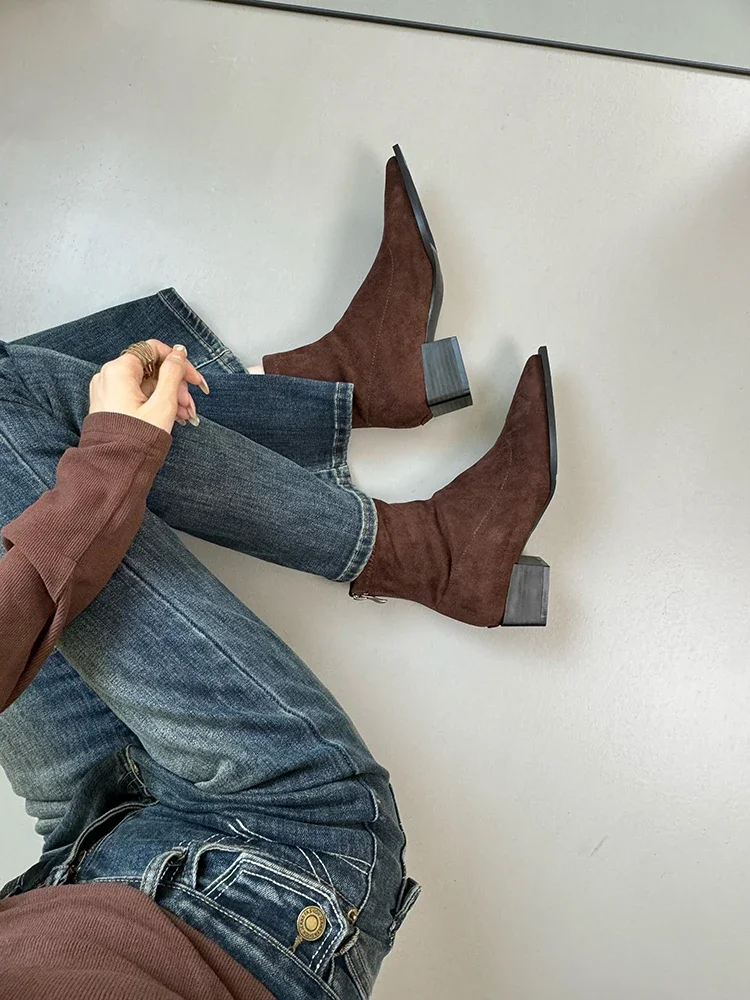 Women Leopard Ankle Boots Pointed Toe Suede Mid Heels Shoes Woman 2024 Trend Chunky Chelsea Boots Pumps New Snow Mujer Botas