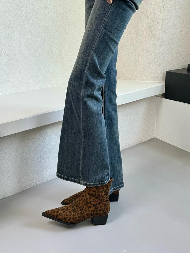 Women Leopard Ankle Boots Pointed Toe Suede Mid Heels Shoes Woman 2024 Trend Chunky Chelsea Boots Pumps New Snow Mujer Botas