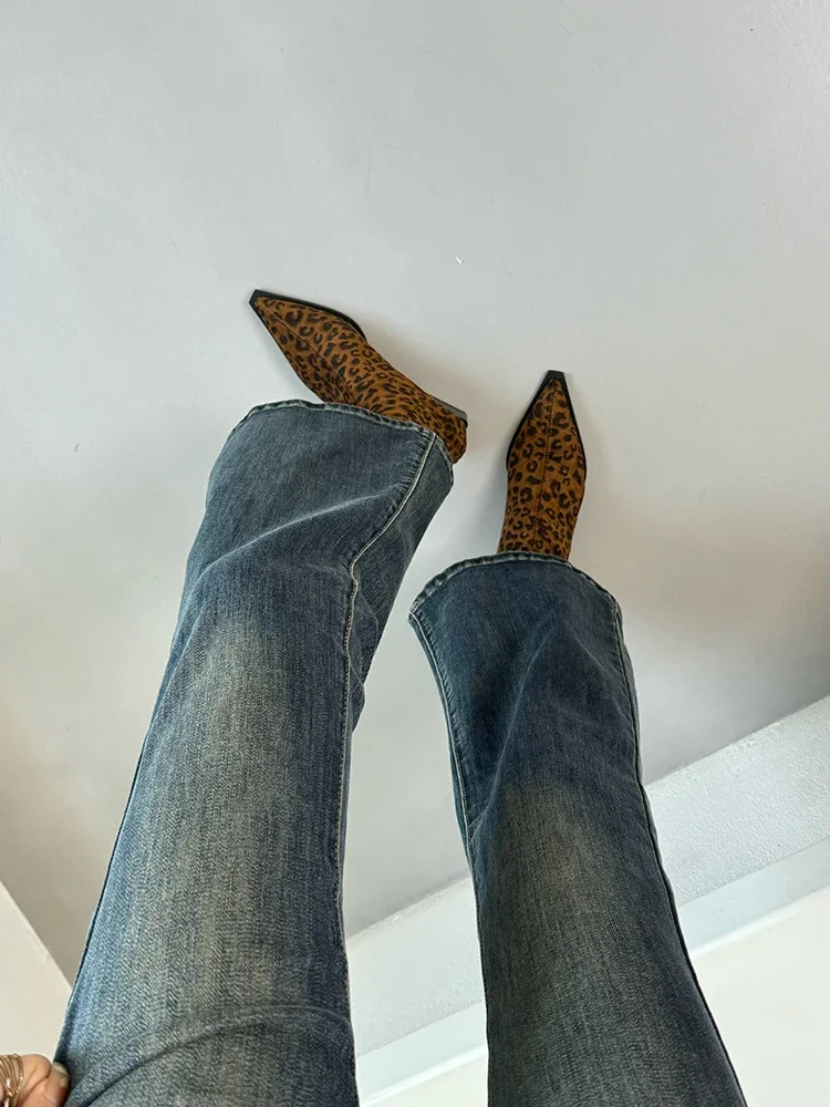 Women Leopard Ankle Boots Pointed Toe Suede Mid Heels Shoes Woman 2024 Trend Chunky Chelsea Boots Pumps New Snow Mujer Botas