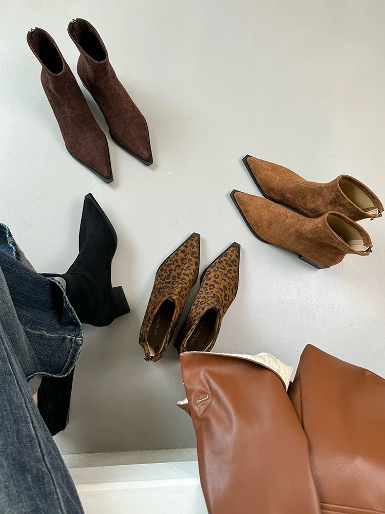 Women Leopard Ankle Boots Pointed Toe Suede Mid Heels Shoes Woman 2024 Trend Chunky Chelsea Boots Pumps New Snow Mujer Botas
