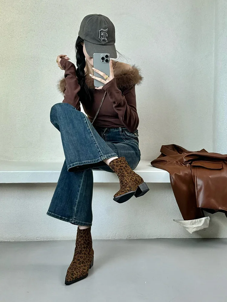 Women Leopard Ankle Boots Pointed Toe Suede Mid Heels Shoes Woman 2024 Trend Chunky Chelsea Boots Pumps New Snow Mujer Botas