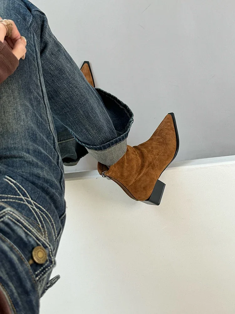 Women Leopard Ankle Boots Pointed Toe Suede Mid Heels Shoes Woman 2024 Trend Chunky Chelsea Boots Pumps New Snow Mujer Botas