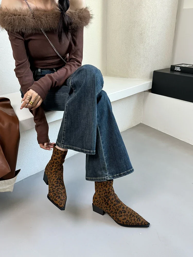 Women Leopard Ankle Boots Pointed Toe Suede Mid Heels Shoes Woman 2024 Trend Chunky Chelsea Boots Pumps New Snow Mujer Botas