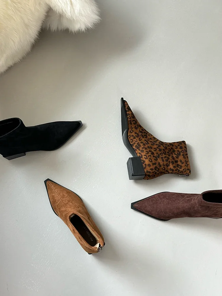 Women Leopard Ankle Boots Pointed Toe Suede Mid Heels Shoes Woman 2024 Trend Chunky Chelsea Boots Pumps New Snow Mujer Botas