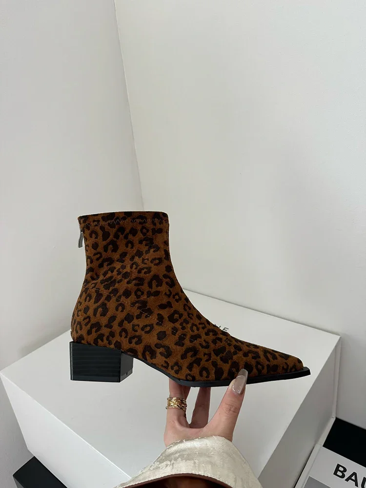 Women Leopard Ankle Boots Pointed Toe Suede Mid Heels Shoes Woman 2024 Trend Chunky Chelsea Boots Pumps New Snow Mujer Botas
