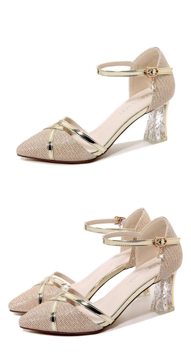 Gold Women Sandals Party High Heels Slip-On Solid Sexy for Ladies Quality Wedding Party Nightclub Sequin Buckle Shoes for Women