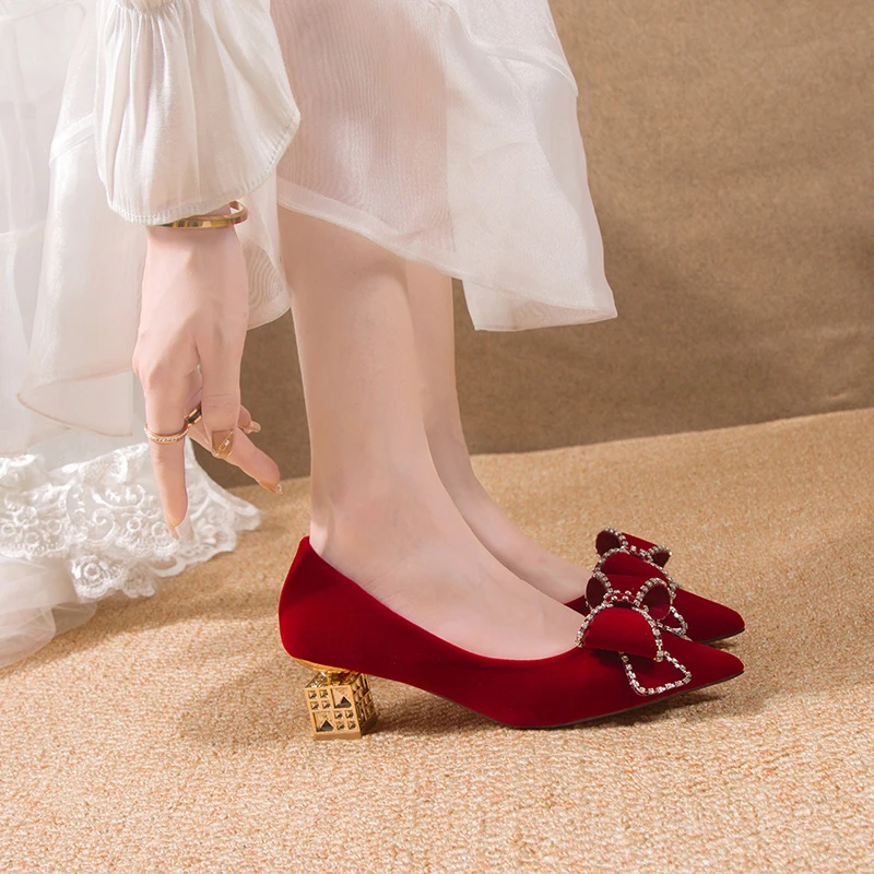 Rimocy Red Sweet Bowtie Strange Style Pumps Women Slip-On Crystal High Heels Shoes Woman Flock Pointed Toe Elegant Bridal Shoes