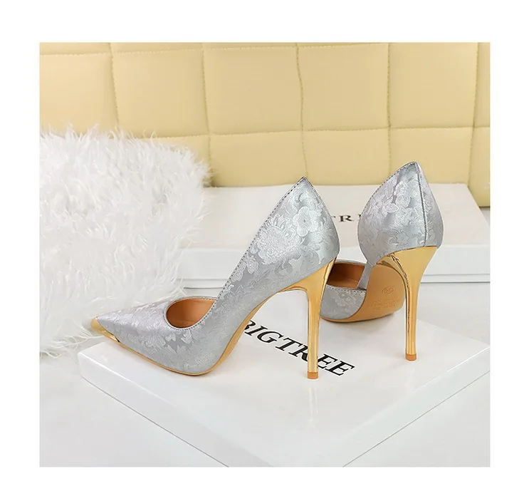 BIGTREE Shoes Women 11 Cm Heels Silks Satins Woman Pumps Metal Pointed Toe High Heels Fashion New Female Pumps Sexy Party Shoes