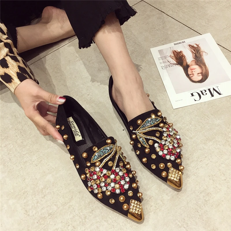 Women's Flats Pointed Toe Loafers Slip-on Mules Ballet Slippers Wedding Platform Casual Female Shoes Metal Luxury Shoes Ladies