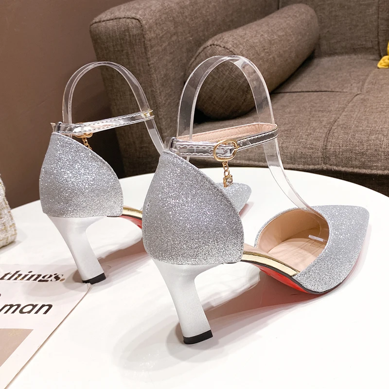 ZOKI Bling Gold Silver Women's Pumps 2024 Sexy Point Toe Thin Heel Party Wedding Shoes Woman Summer Ankle Strap High Heels Shoes