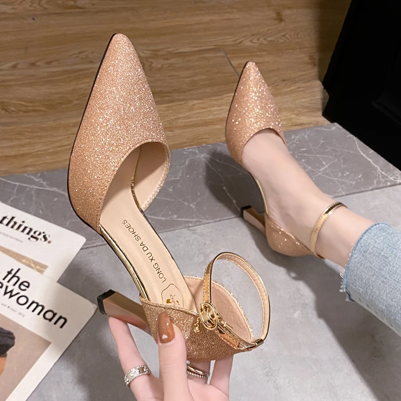 ZOKI Bling Gold Silver Women's Pumps 2024 Sexy Point Toe Thin Heel Party Wedding Shoes Woman Summer Ankle Strap High Heels Shoes