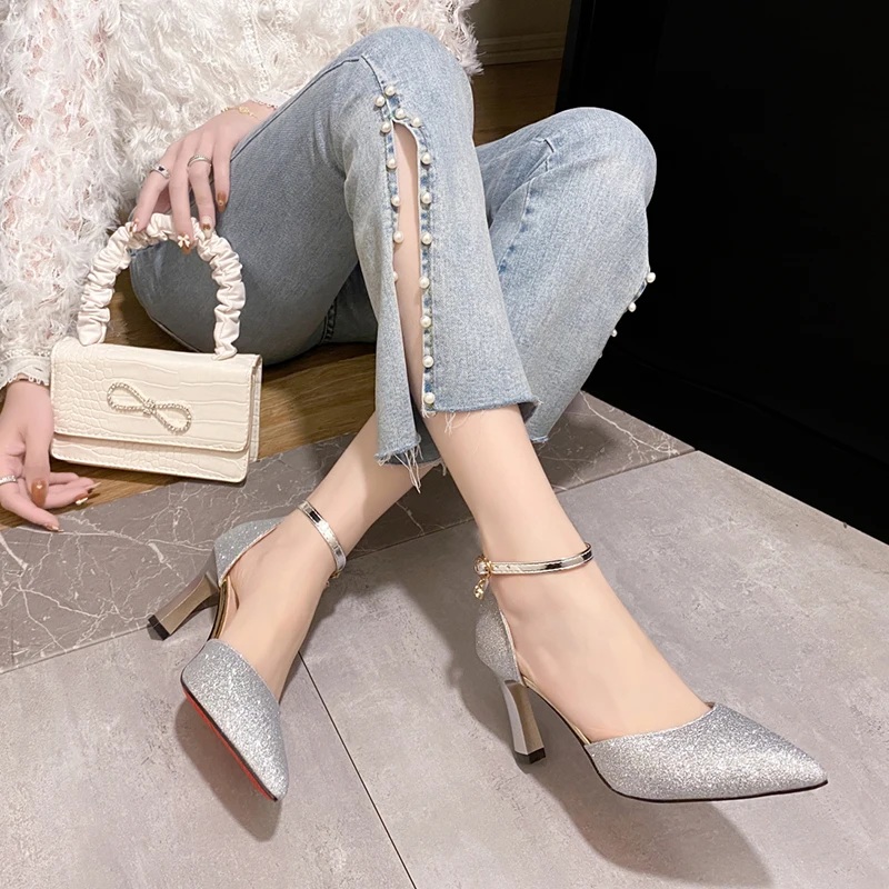 ZOKI Bling Gold Silver Women's Pumps 2024 Sexy Point Toe Thin Heel Party Wedding Shoes Woman Summer Ankle Strap High Heels Shoes