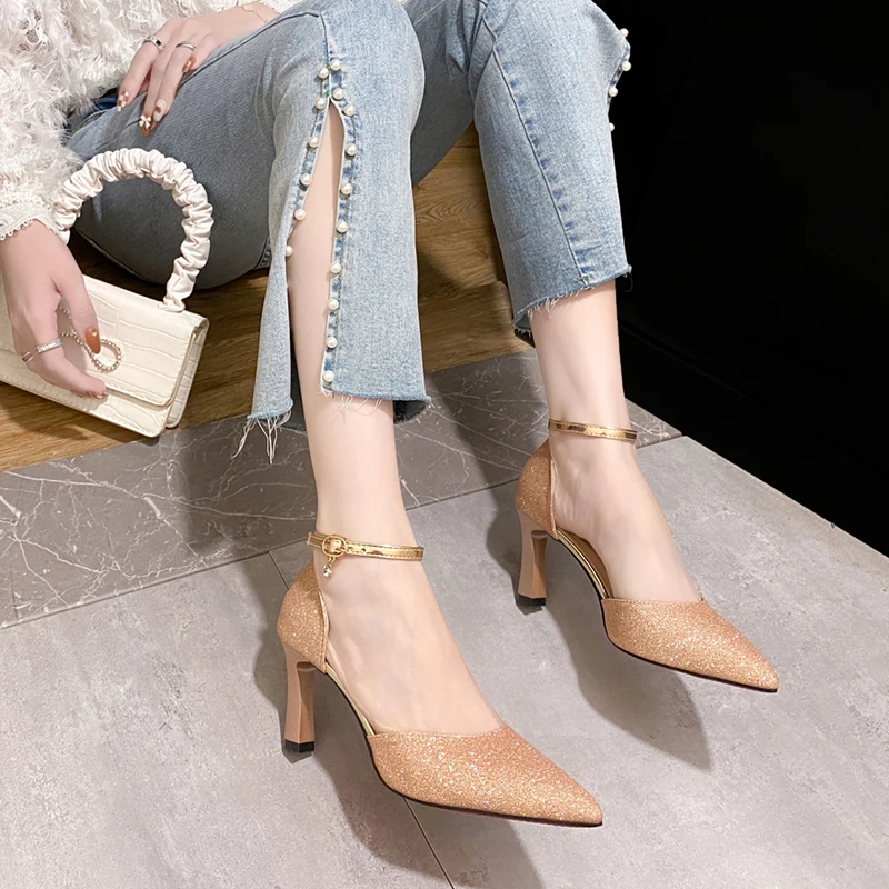 ZOKI Bling Gold Silver Women's Pumps 2024 Sexy Point Toe Thin Heel Party Wedding Shoes Woman Summer Ankle Strap High Heels Shoes